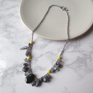 Handmade Black Grey and Neon Yellow Silver Cluster Statement Necklace